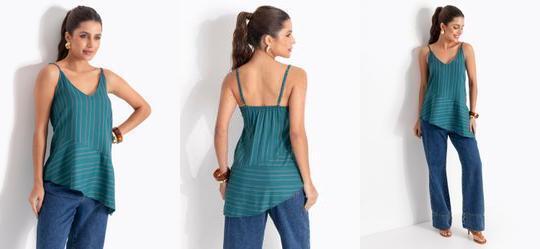 Blusa Listrado Verde em Viscose Plana