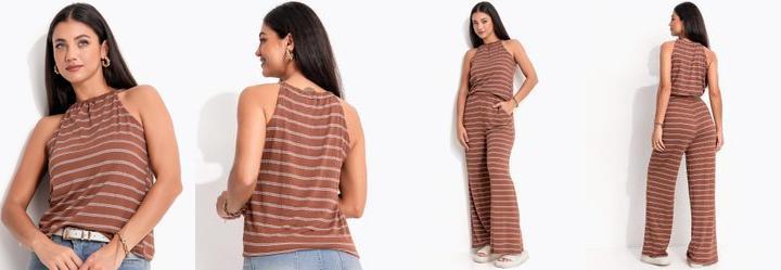 Blusa Marrom Listrado em Malha de Viscose