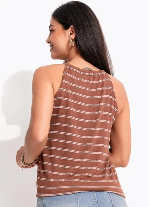 Quintess - Blusa Marrom Listrado em Malha de Viscose - QUINTESS