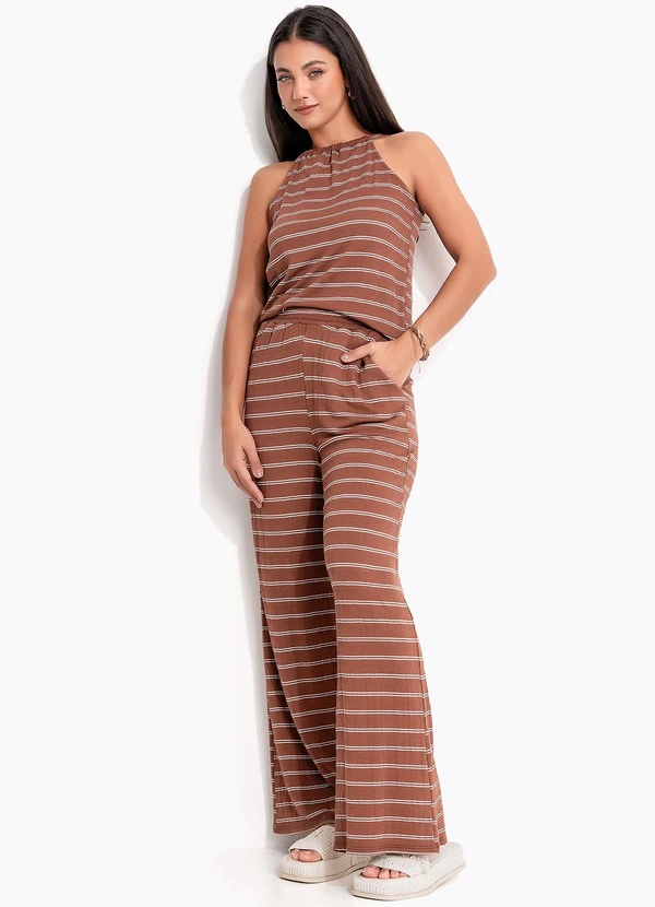 Quintess - Blusa Marrom Listrado em Malha de Viscose 8