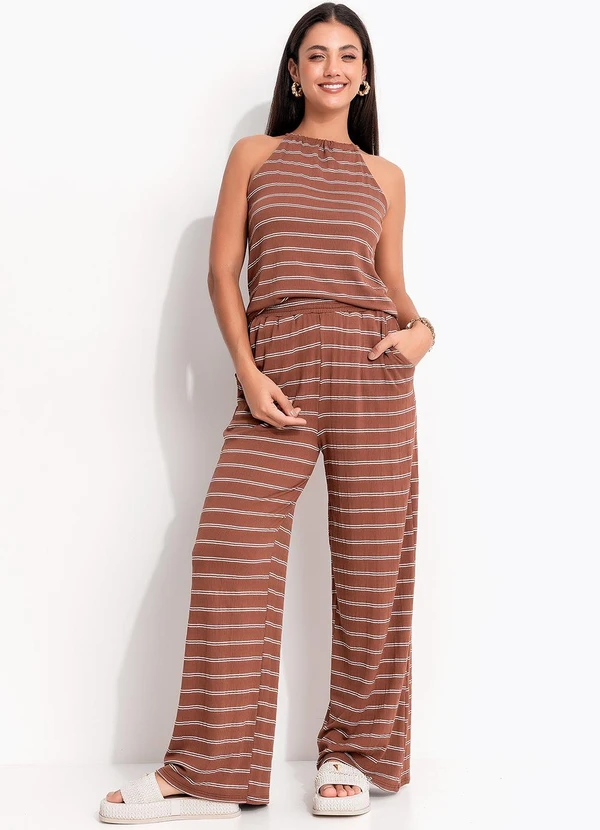 Quintess - Blusa Marrom Listrado em Malha de Viscose 5