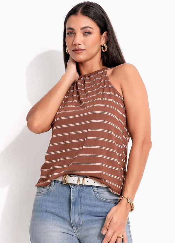 Quintess - Blusa Marrom Listrado em Malha de Viscose 3