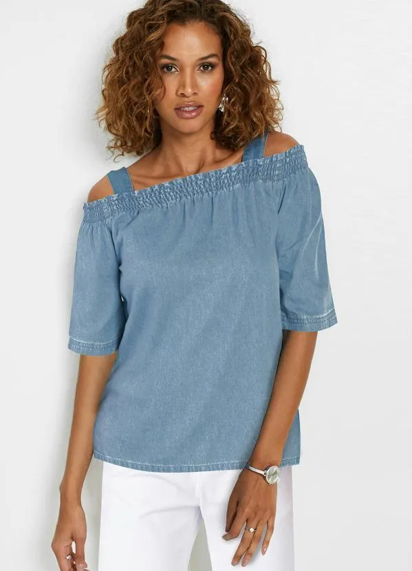 Queima Estoque - Blusa Ombro Vazado Manga Curta Jeans Claro