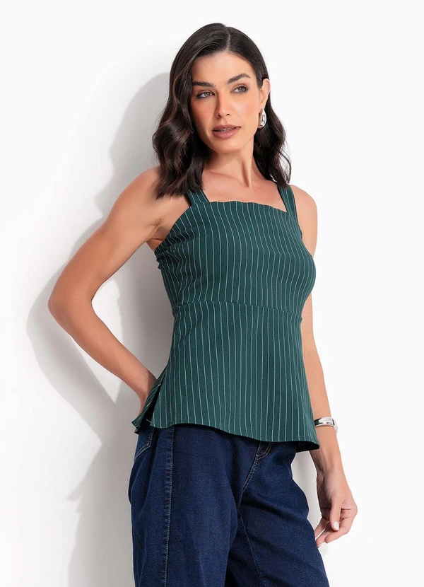 Quintess - Blusa Risca de Giz Verde Escuro em Bengaline 4