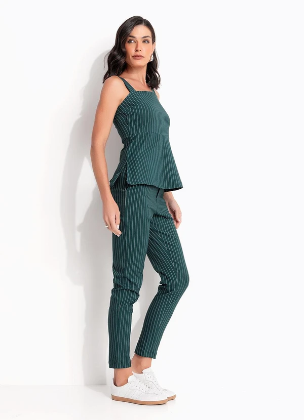 Quintess - Blusa Risca de Giz Verde Escuro em Bengaline 7