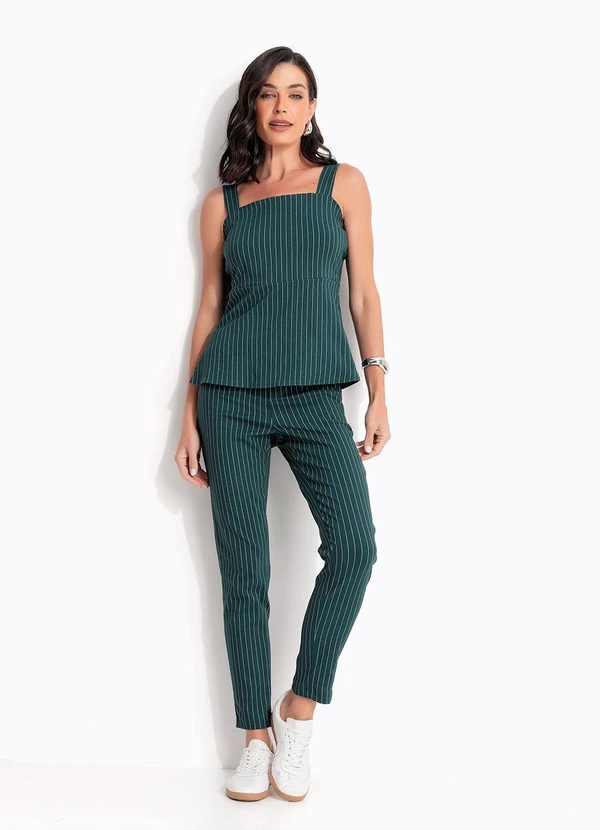 Quintess - Blusa Risca de Giz Verde Escuro em Bengaline 8