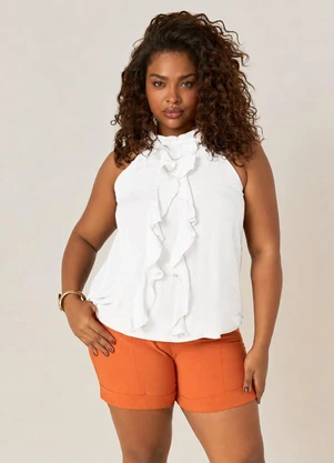 Elegance - Blusa sem Mangas e Gola Alta com Babados Branco - ELEGANCE