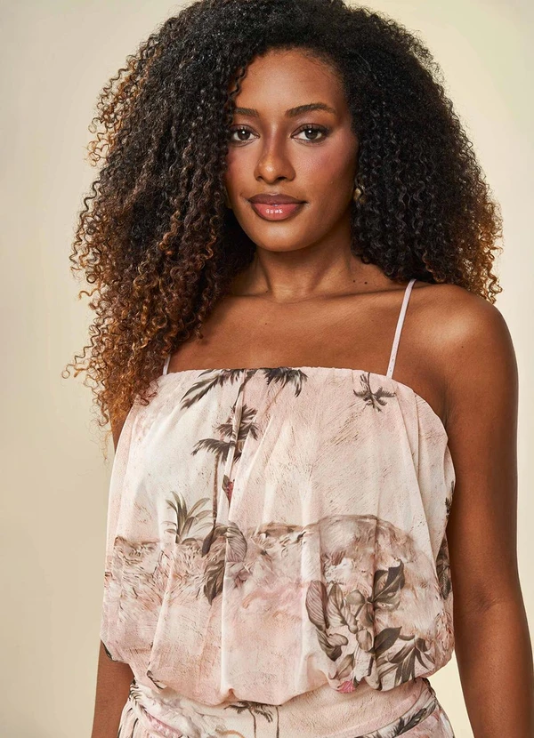 Doce Trama - Blusa Top de Alça Brisa em Tule Estampada Branco