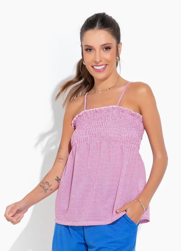 Moda Pop - Blusa Xadrez de Alças e Franzido