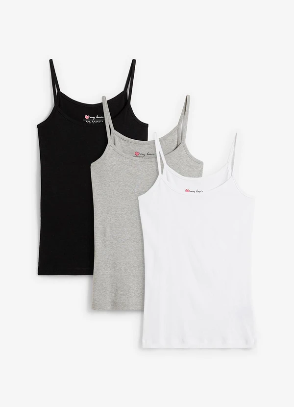 bonprix - Kit 3 Blusas Preto/Mescla/Branco em Malha Cotton