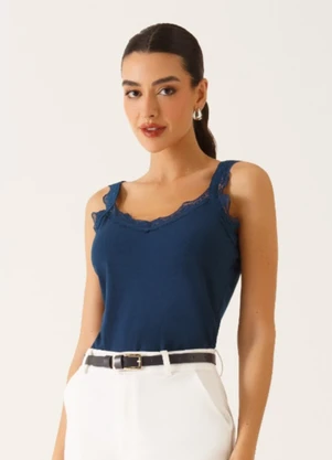 Principessa - Regata Alças com Renda em Viscose Canelada Marinho Ticiana - PRINCIPESSA