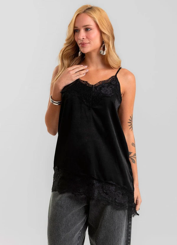 Dianna - Regata Feminina em Slub Acetinado e Rendas Preto