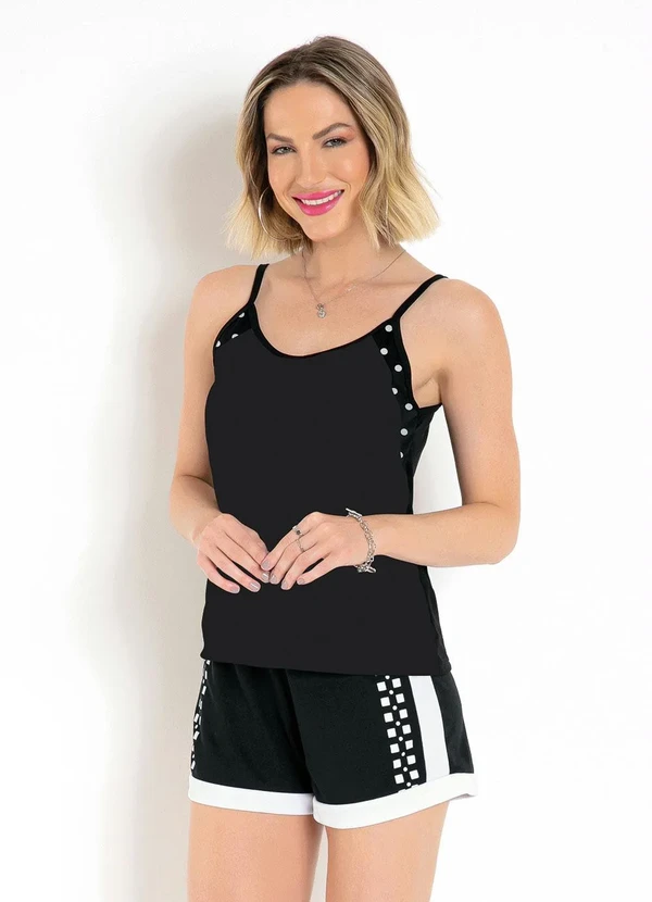 Moda Pop - Regata Preta Poá com Alcinhas e Recortes 1