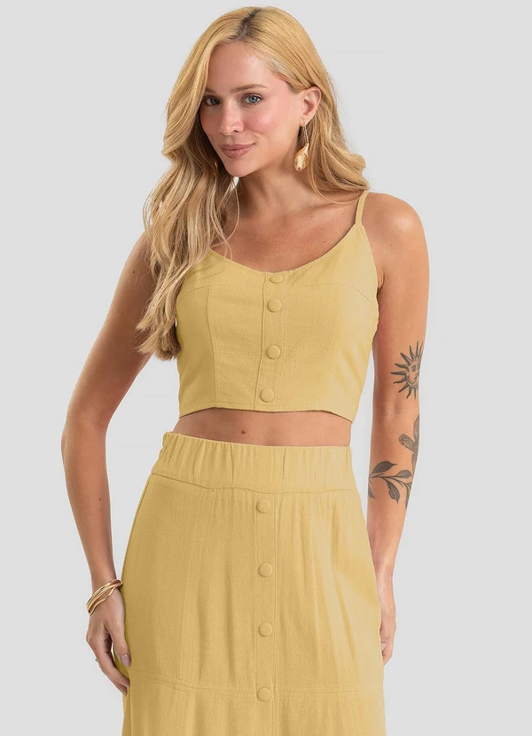 Dianna - Top Cropped com Botões em Linho Amarelo
