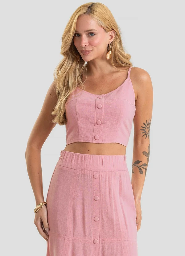 Dianna - Top Cropped com Botões em Linho Rosa