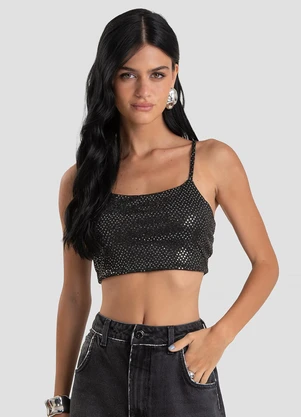 Dianna - Top Feminino de Alça em Malha Lantejoula  Preto - DIANNA