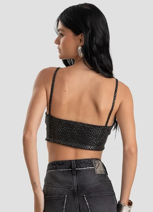 Dianna - Top Feminino de Alça em Malha Lantejoula  Preto - DIANNA