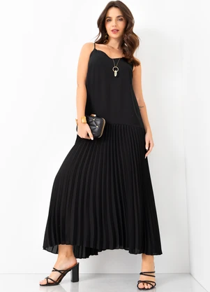 Mob - Vestido Longo com Saia Plissada Preto - MOB