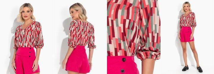 Blusa Abstrato Vermelho com Decote em V