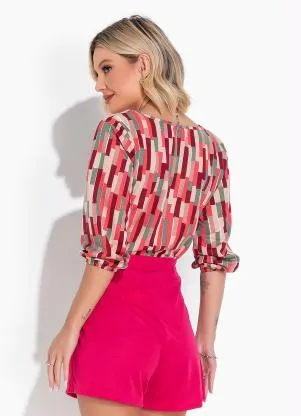 Moda Pop - Blusa Abstrato Vermelho com Decote em V - MODA POP