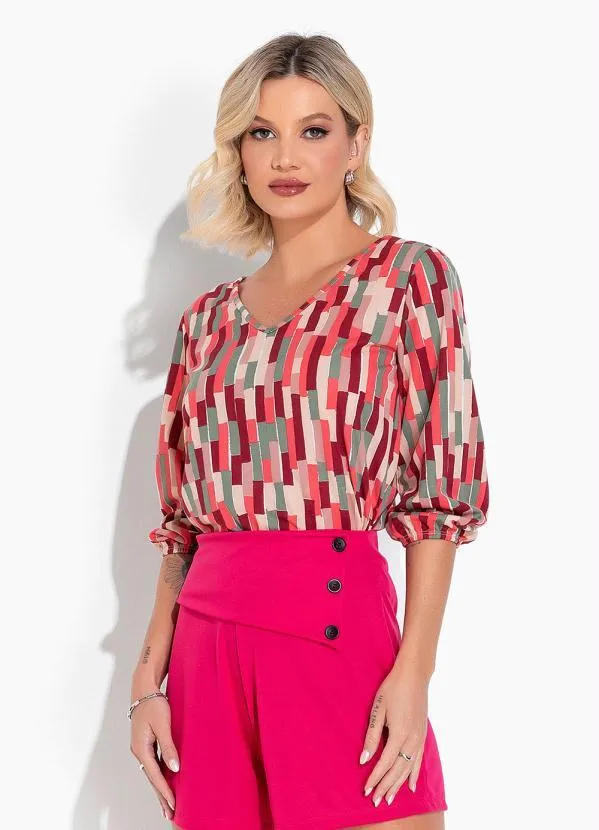 Moda Pop - Blusa Abstrato Vermelho com Decote em V