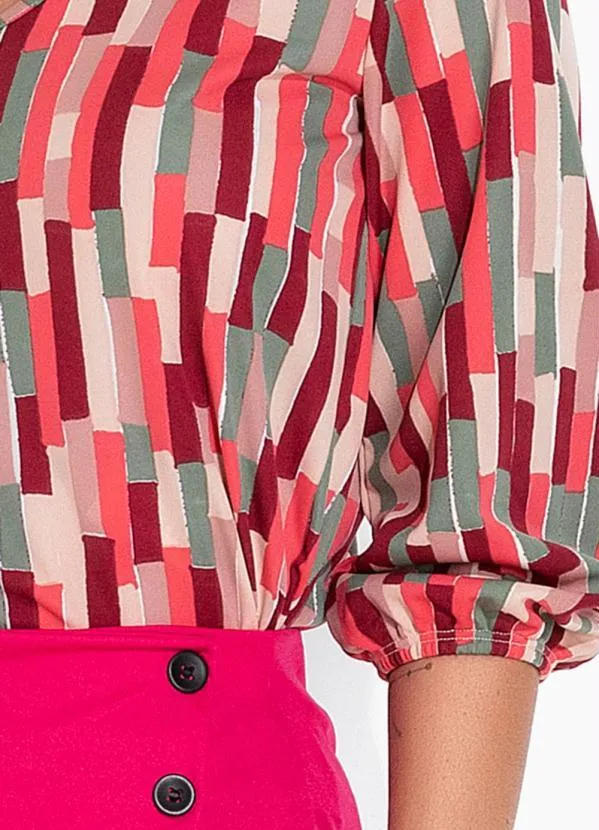 Moda Pop - Blusa Abstrato Vermelho com Decote em V 3