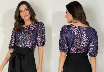 Blusa Algas Decote Canoa com Mangas Bufantes