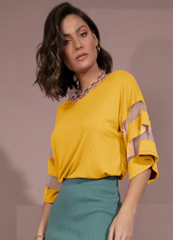 Quintess Blusa Amarela com Detalhes em Tule nas Mangas