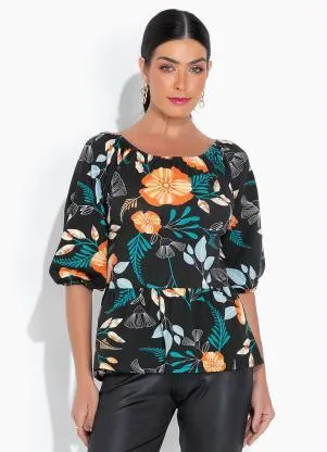 bonprix - Blusa Ampla com Manga 3/4 Floral Dark - BONPRIX