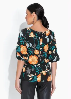 bonprix - Blusa Ampla com Manga 3/4 Floral Dark - BONPRIX