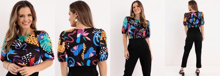 Blusa Animais Decote Canoa com Mangas Bufantes