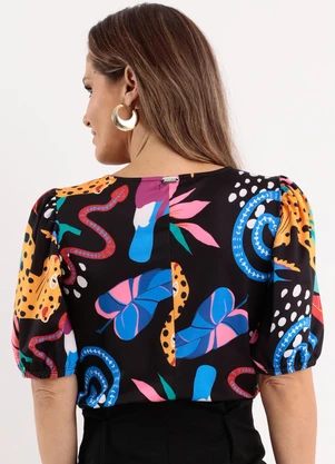 Quintess - Blusa Animais Decote Canoa com Mangas Bufantes - QUINTESS