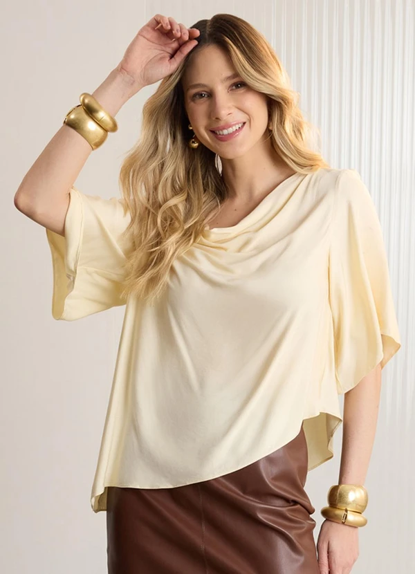 Lunender - Blusa Assimétrica Alongada com Mangas 3/4 Bege