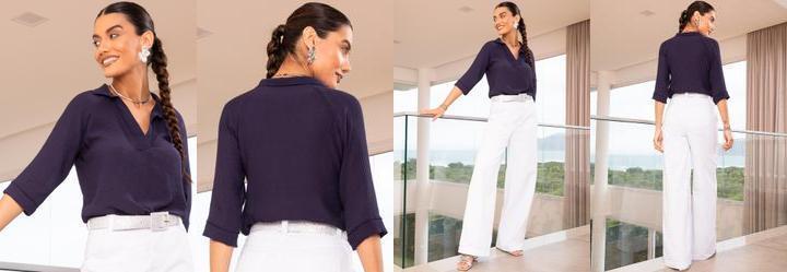 Blusa Azul Marinho em Tecido Plano Maquinetado