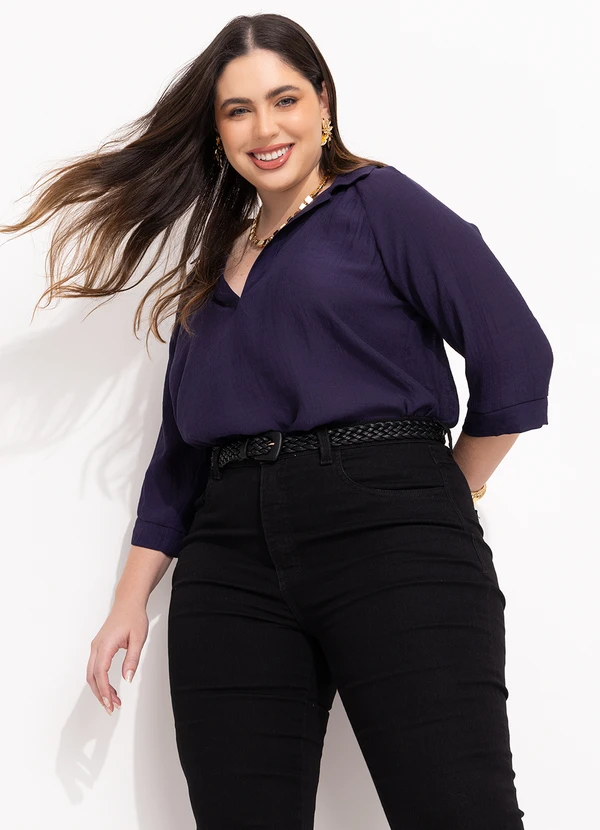 Quintess - Blusa Azul Marinho em Tecido Plano Maquinetado