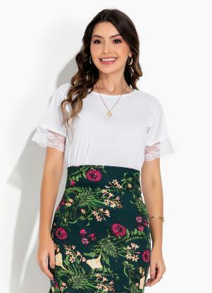 Blusa (Branco) com Mangas de Renda Moda Evanglica