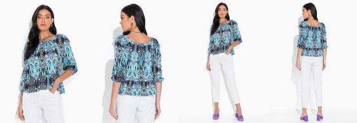Blusa Camadas Manga Curta Mandala Azul
