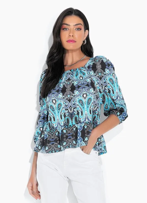 bonprix - Blusa Camadas Manga Curta Mandala Azul