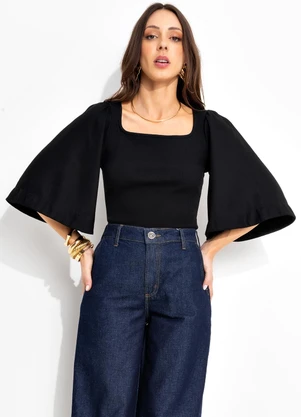 Colcci - Blusa Canelada Detalhe Linho Preto - COLCCI