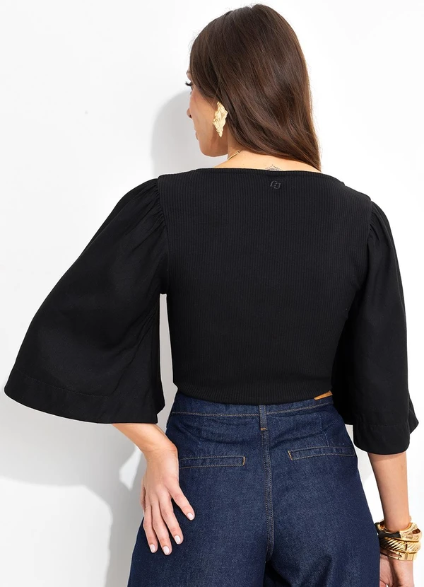 Colcci - Blusa Canelada Detalhe Linho Preto 2