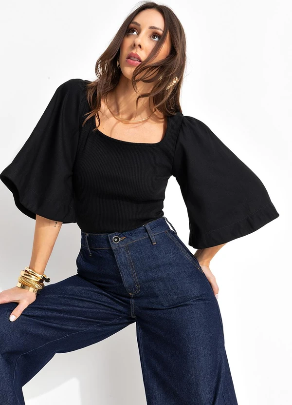 Colcci - Blusa Canelada Detalhe Linho Preto 6