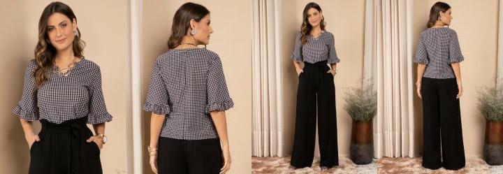 Blusa com Babados nas Mangas Pied de Poule