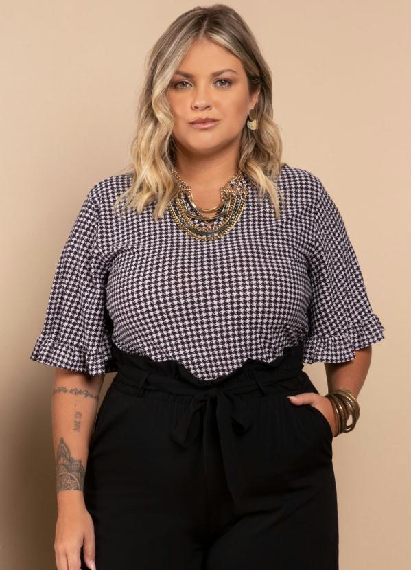 Quintess - Blusa com Babados nas Mangas Pied de Poule 5