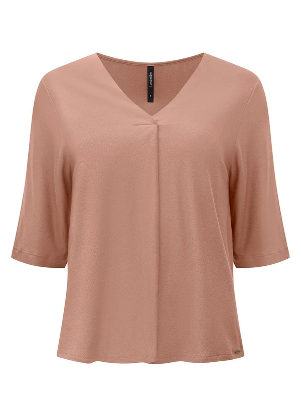 Lunender - Blusa com Decote em V e Mangas 3/4 Crepe Bege