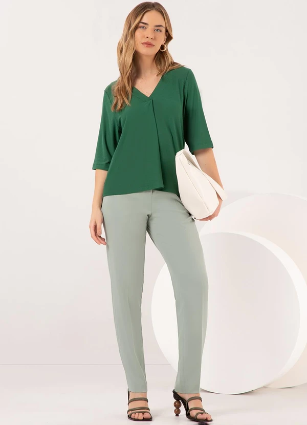 Lunender - Blusa com Decote em V e Mangas 3/4 Crepe Verde 3