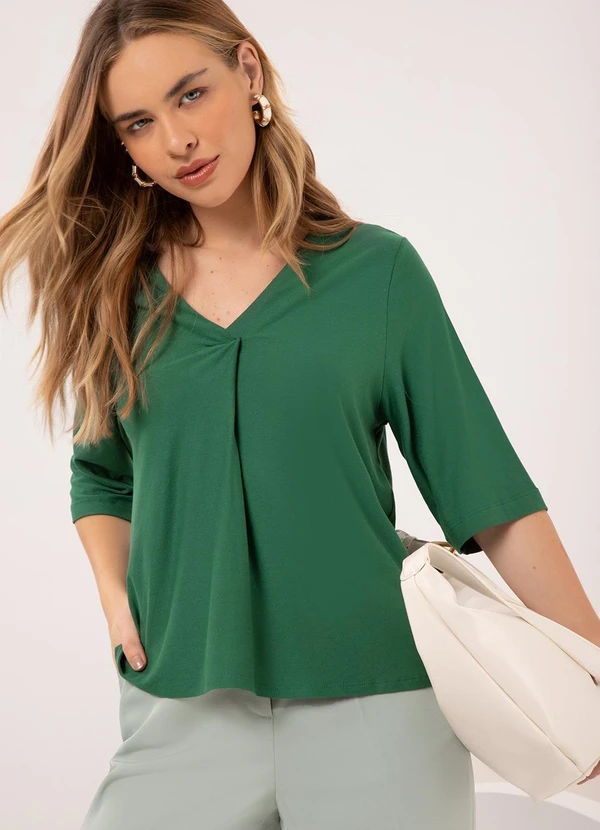 Lunender - Blusa com Decote em V e Mangas 3/4 Crepe Verde 5