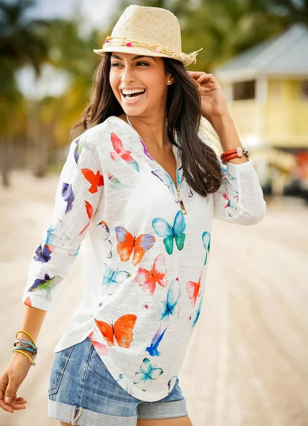 bonprix - Blusa com Estampa de Borboleta Branca/Estampada