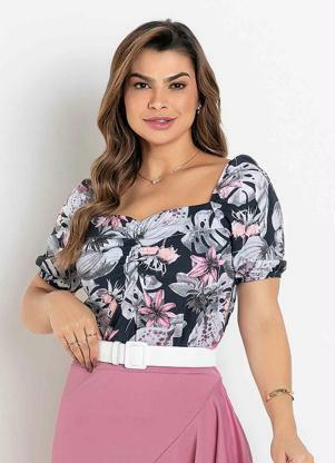 Blusa com Franzido (Floral Azul) Moda Evanglica