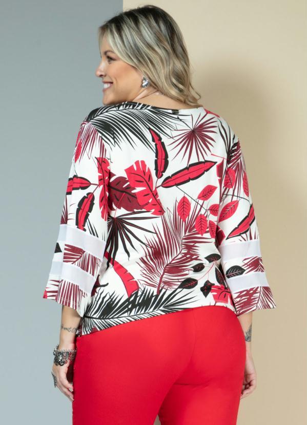 Quintess - Blusa com Manga Ampla Folhas Vermelhas 6