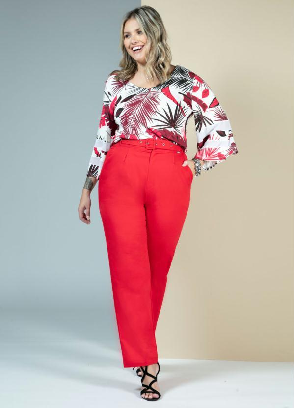 Quintess - Blusa com Manga Ampla Folhas Vermelhas 7